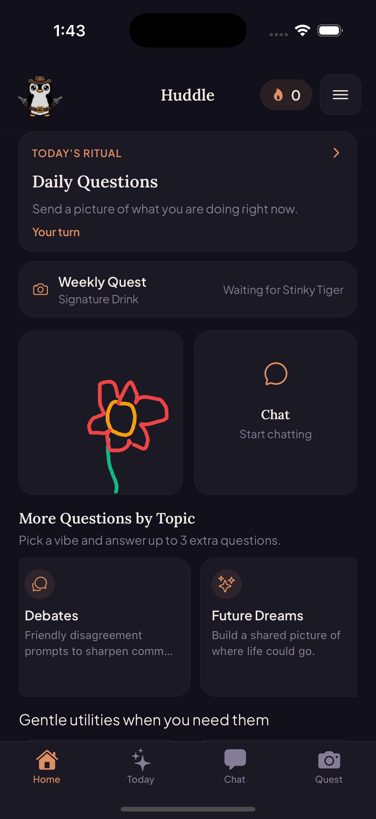 Huddle app — daily rituals, quests, chat and shared tools for couples